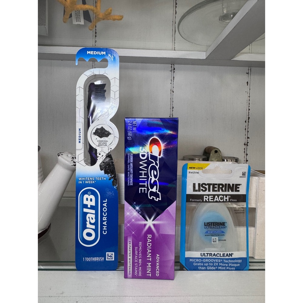 Oral-B Charcoal Toothbrush Crest 3D White Toothpaste Listerine Floss Bundle 3pc‎